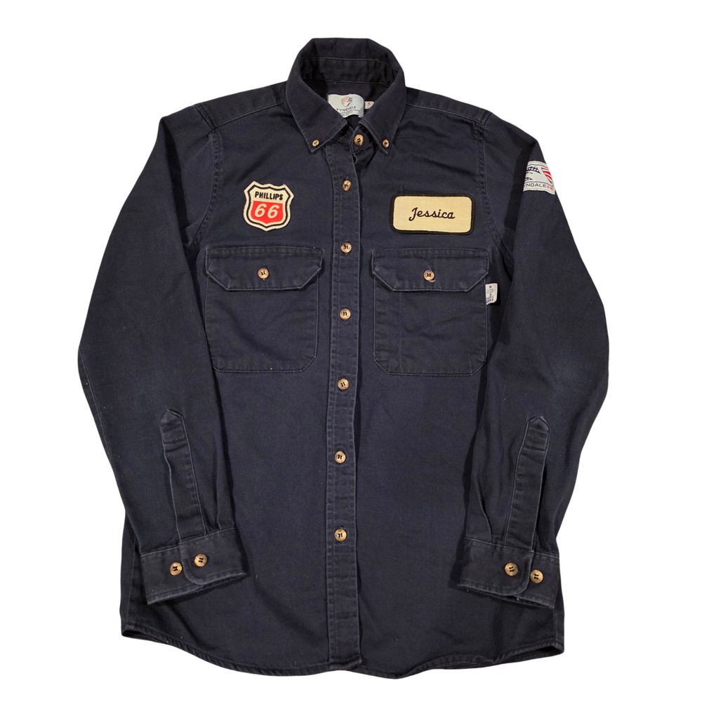 Vintage Phillips 66 Work Shirt FR Tyndale Made in USA Jessica Mechanic Navy SM